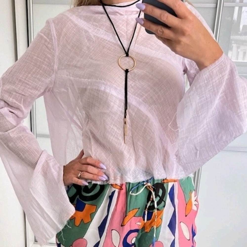 Zara Lilac Pink Sheer Blouse with Bell Sleeves
